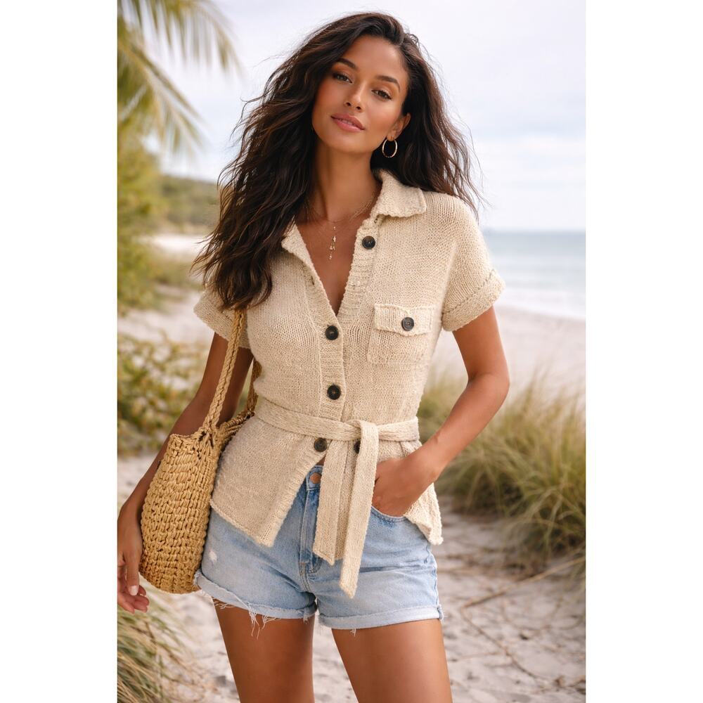 Free People Belted Chunky Knit Cardigan Short Sleeve Cream Cottagecore (M)